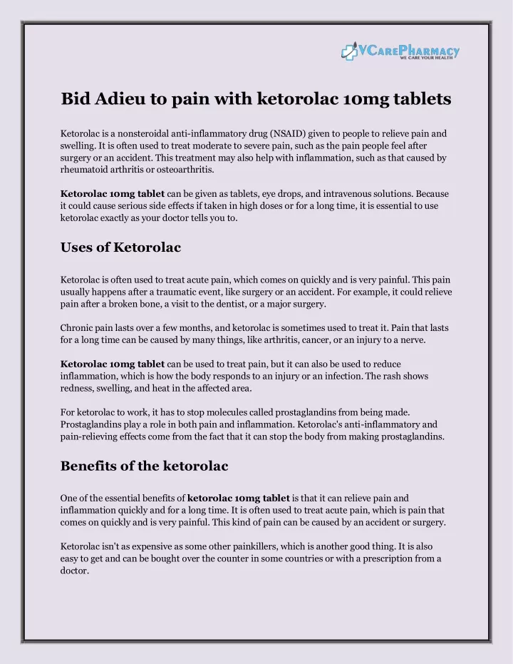 bid adieu to pain with ketorolac 10mg tablets