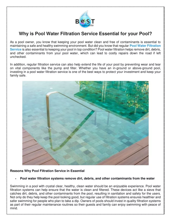 why is pool water filtration service essential