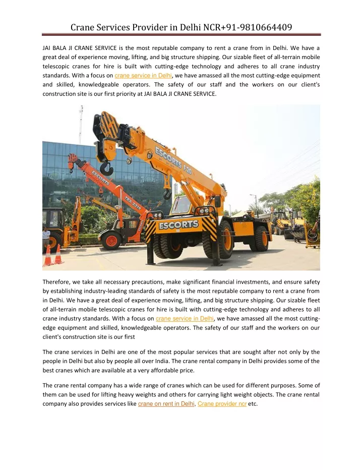 crane services provider in delhi ncr 91 9810664409