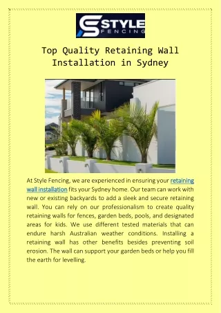 Top Quality Retaining Wall Installation in Sydney