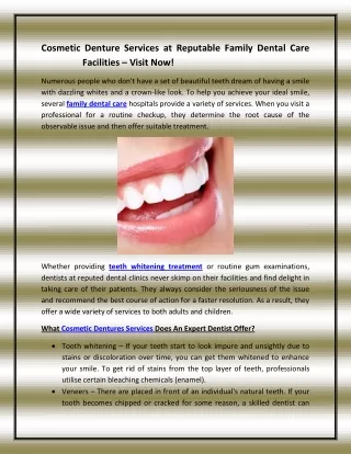 Cosmetic Denture Services at Reputable Family Dental Care Facilities – Visit Now