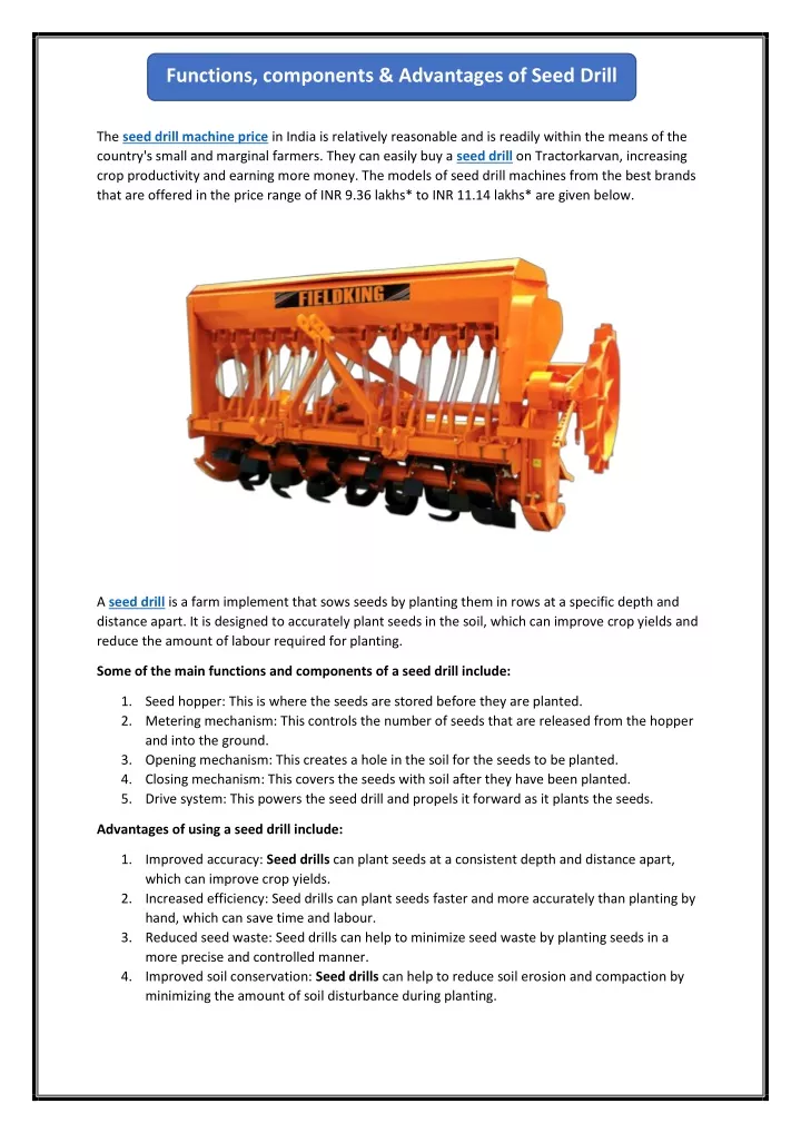 functions components advantages of seed drill