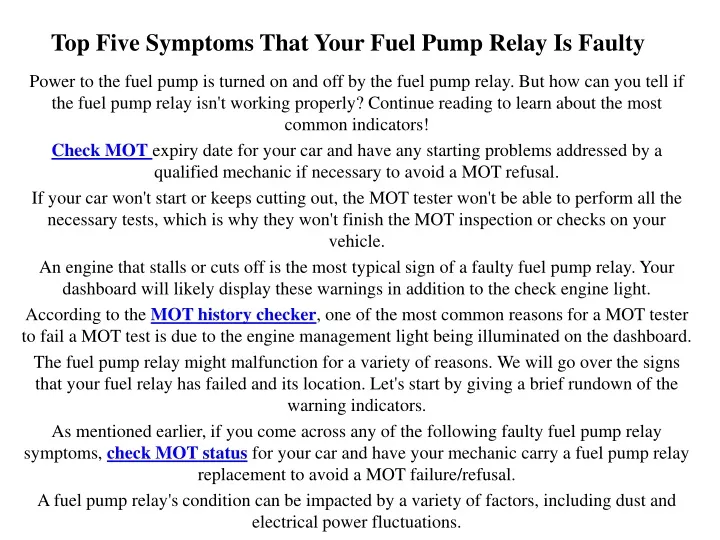 top five symptoms that your fuel pump relay is faulty