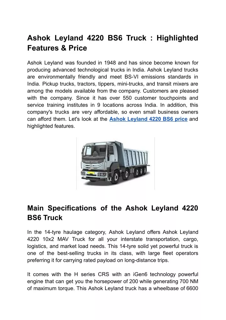 ashok leyland 4220 bs6 truck highlighted features