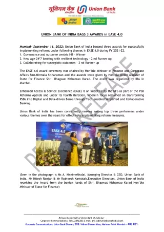 Union Bank Of India Bags 3 Awards In Ease 4.0
