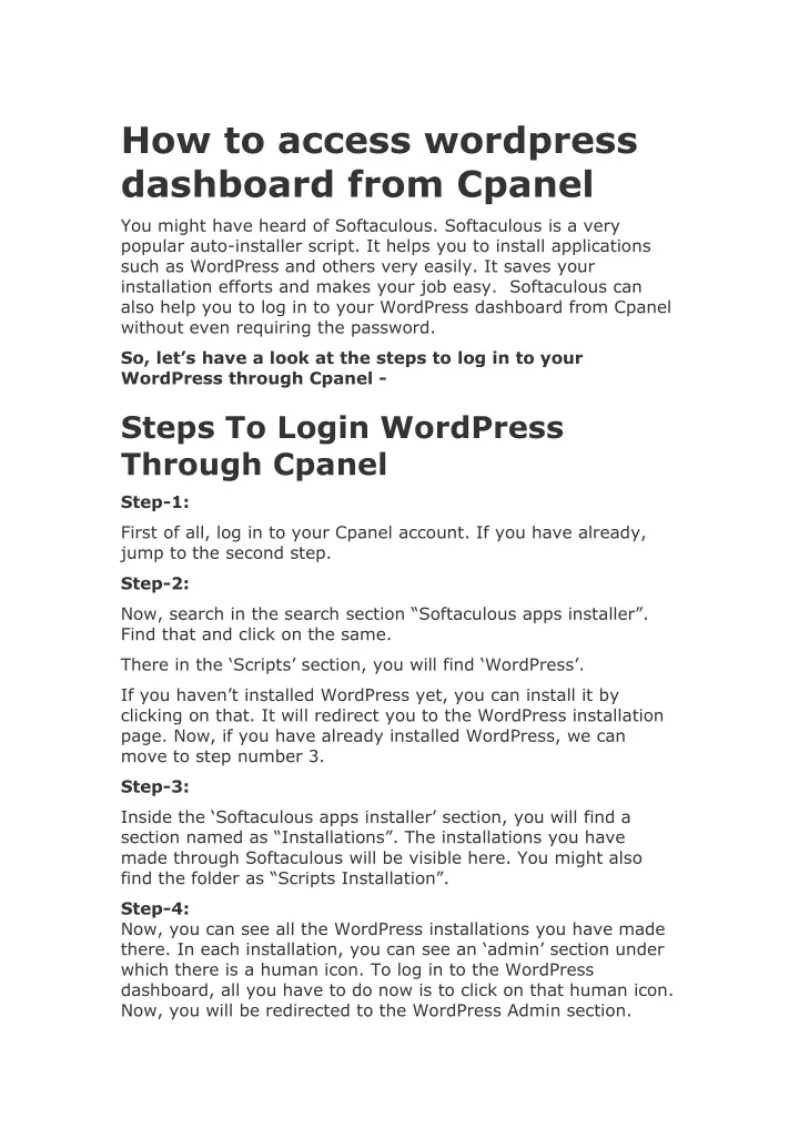 how to access wordpress dashboard from cpanel