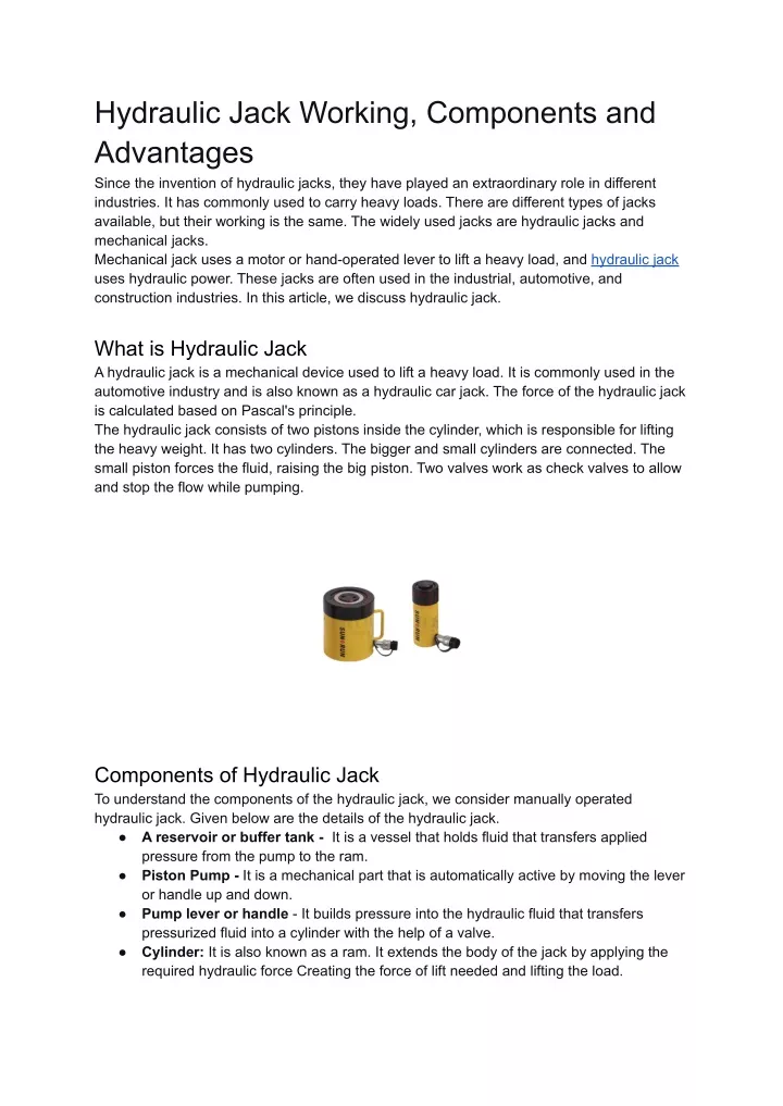 hydraulic jack working components and advantages