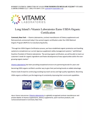 Long Island’S Vitamix Laboratories Earns Usda Organic Certification