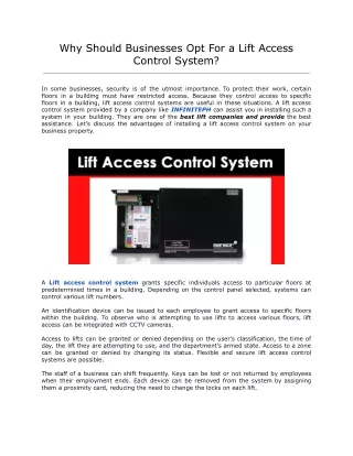 Why Should Businesses Opt For a Lift Access Control System?