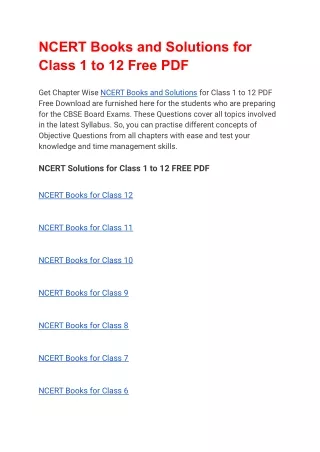 NCERT Books and Solutions for Class 1 to 12 Free PDF