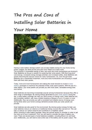 The Pros and Cons of Installing Solar Batteries in Your Home