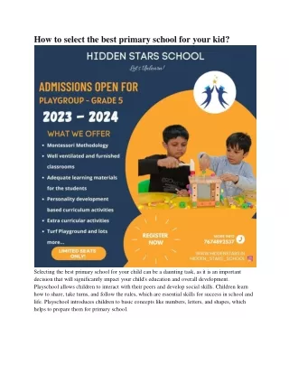 Hidden Stars School- Admission open playgroup to Grade 5