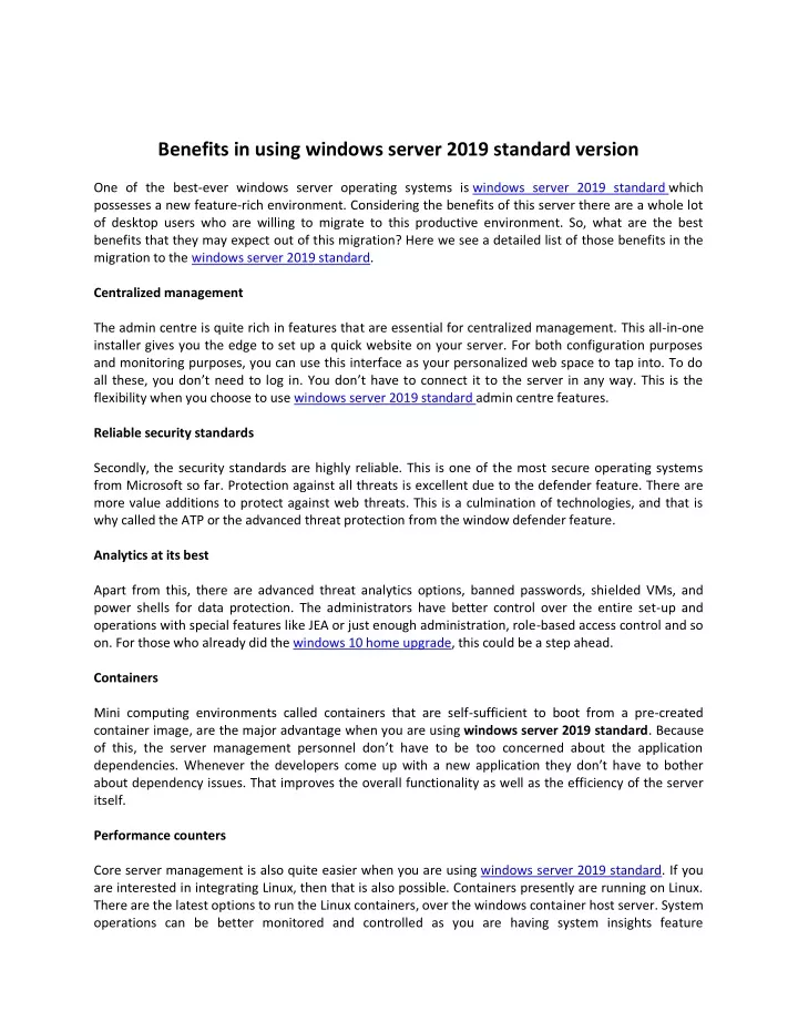 benefits in using windows server 2019 standard