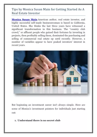 Tips by Monica Susan Main for Getting Started As A Real Estate Investor