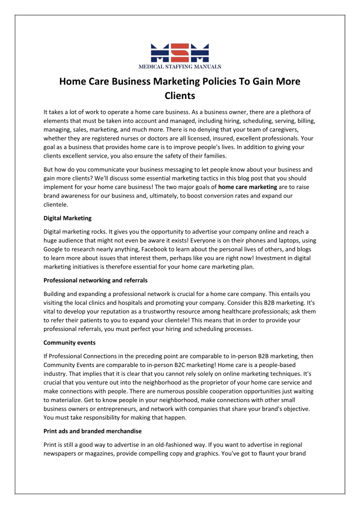 home care business marketing policies to gain