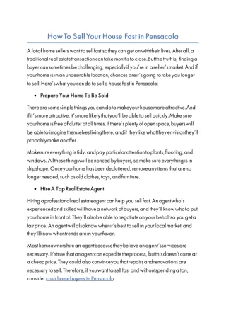 How To Sell Your House Fast in Pensacola?