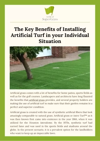 The Key Benefits of Installing Artificial Turf in your Individual Situation