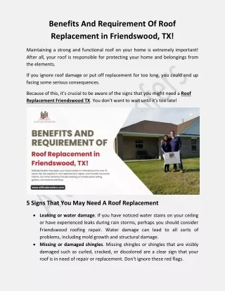 Benefits And Requirement Of Roof Replacement in Friendswood, TX!