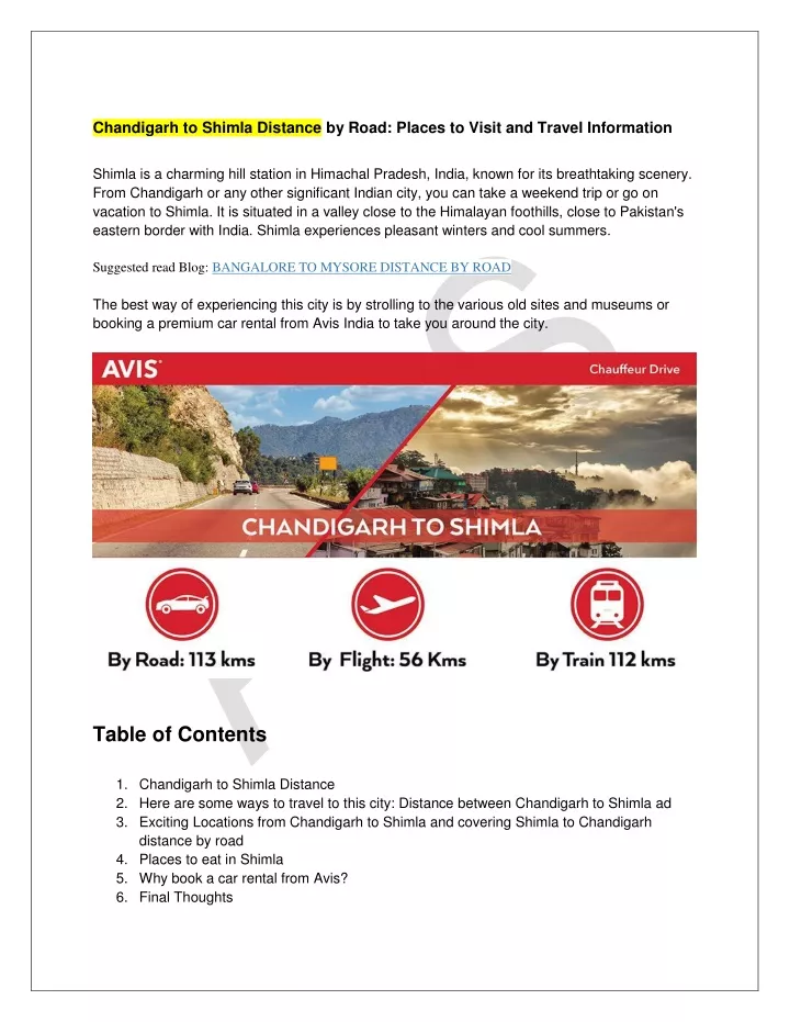 chandigarh to shimla distance by road places