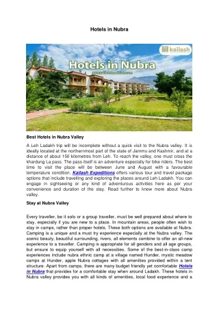 Hotels in Nubra - Kailash Expeditions