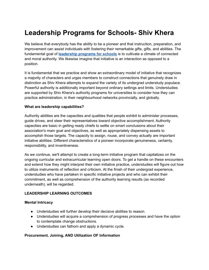 PPT - Leadership Programs for Schools- Shiv Khera PowerPoint