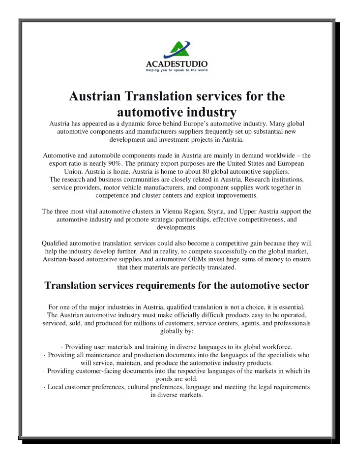 austrian translation services for the automotive