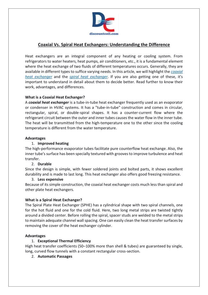 coaxial vs spiral heat exchangers understanding
