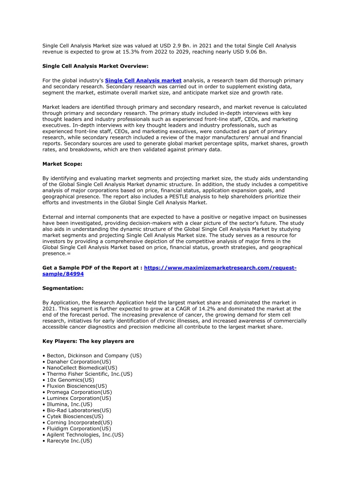 single cell analysis market size was valued