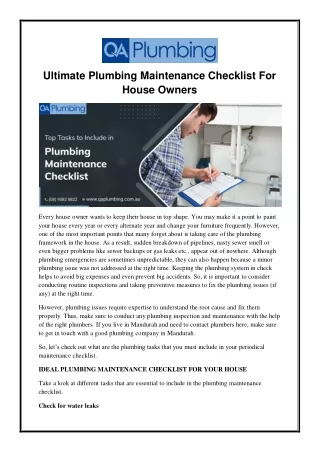Ultimate Plumbing Maintenance Checklist For House Owners