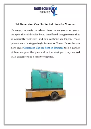 Get Generator Van On Rental Basis In Mumbai