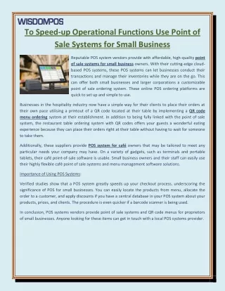 To Speed-up Operational Functions Use Point of Sale Systems for Small Business