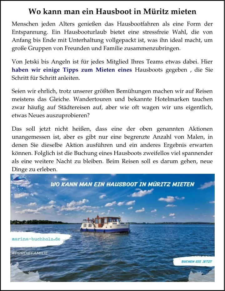 wo kann man ein hausboot in m ritz mieten