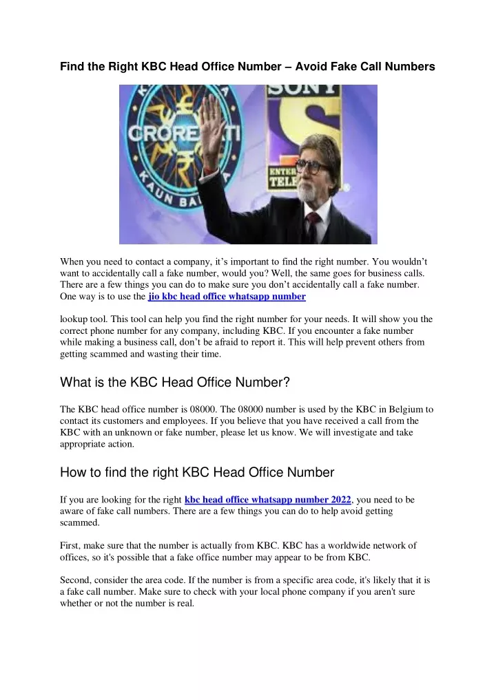 find the right kbc head office number avoid fake