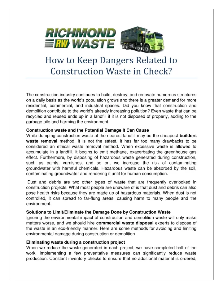 how to keep dangers related to construction waste