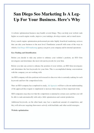 San Diego Seo Marketing Is A Leg-Up For Your Business. Here’s Why