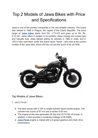 Top 2 Models of Jawa Bikes with Price and Specifications