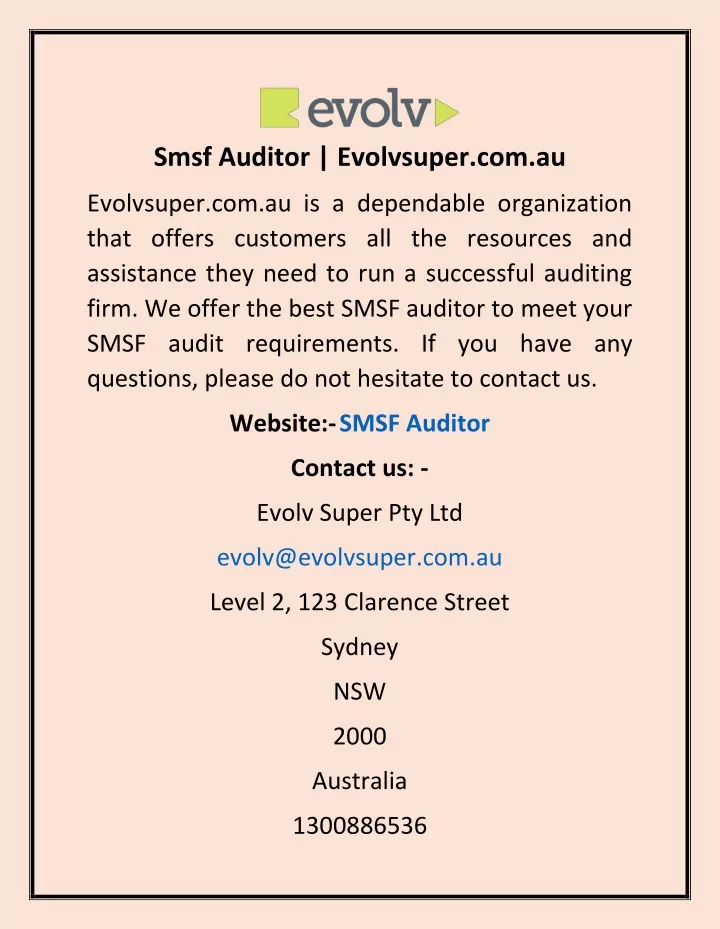 smsf auditor evolvsuper com au