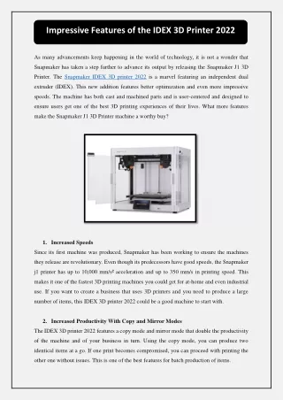 impressive features of the idex 3d printer 2022