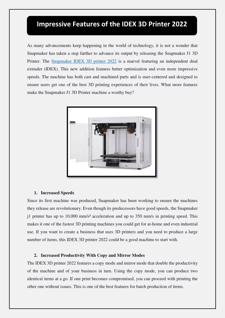 impressive features of the idex 3d printer 2022