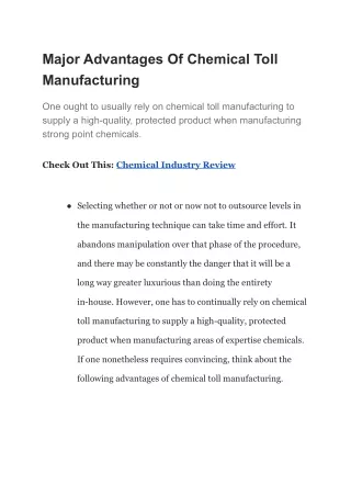 Major Advantages Of Chemical Toll Manufacturing