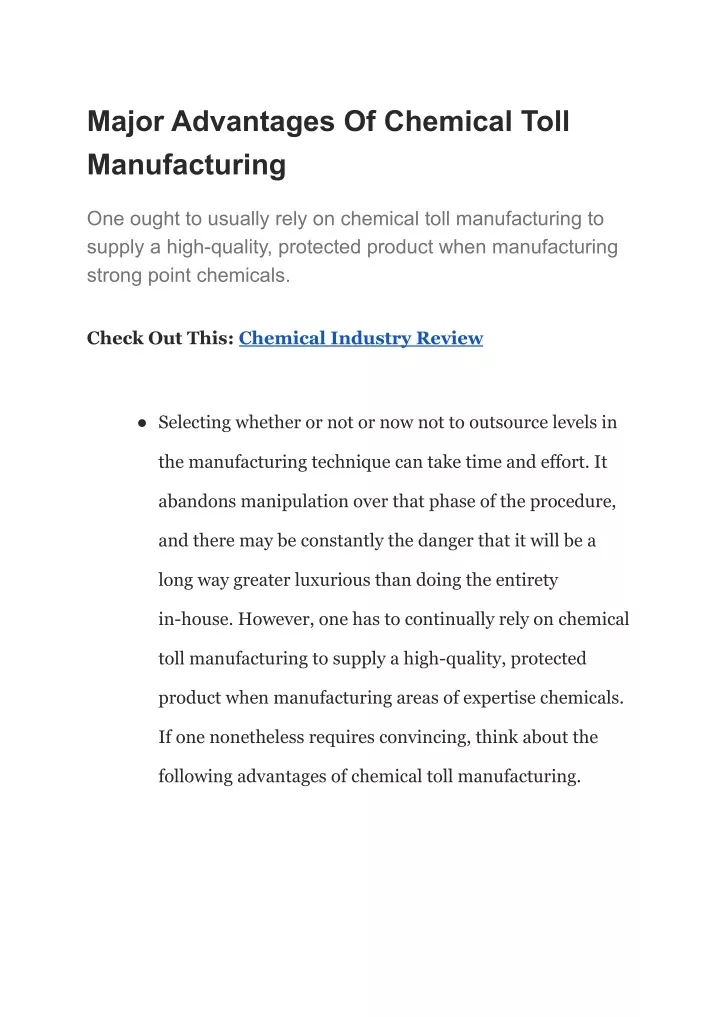 major advantages of chemical toll manufacturing