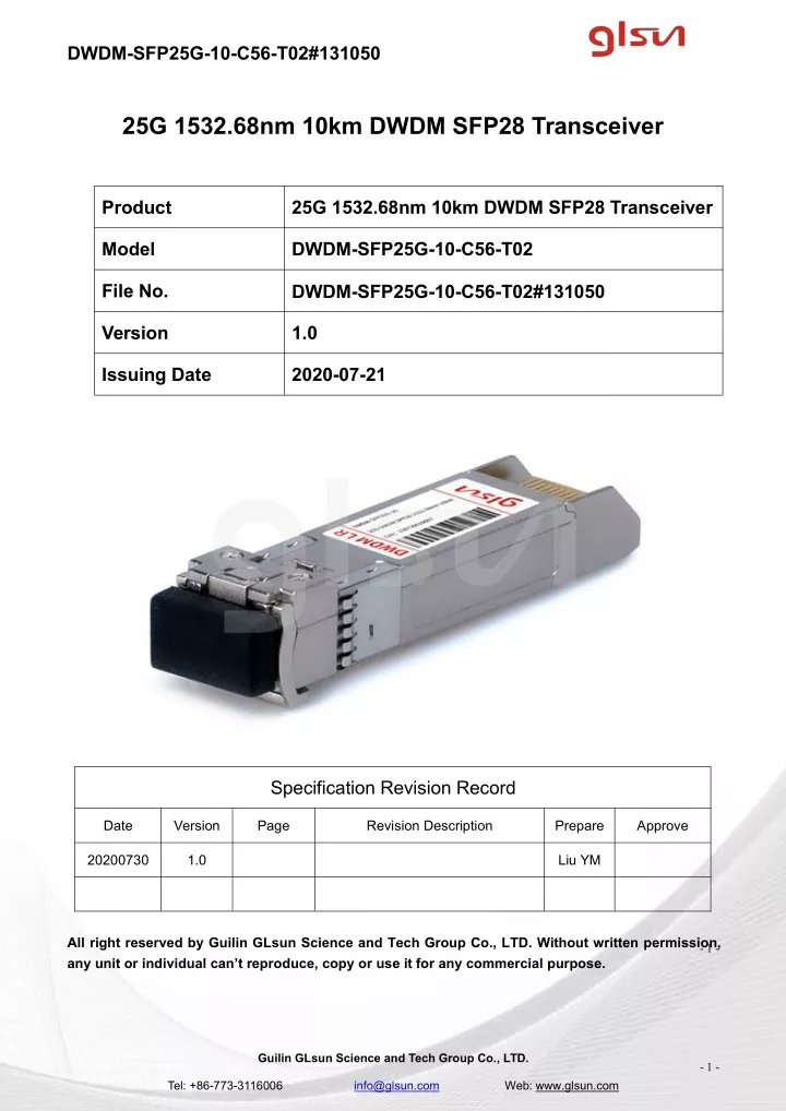 dwdm sfp25g 10 c56 t02 131050