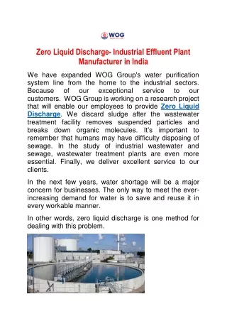 Zero Liquid Discharge- Industrial Effluent Plant Manufacturer in India