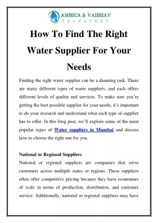 Water Suppliers in Mumbai Call-9867696717