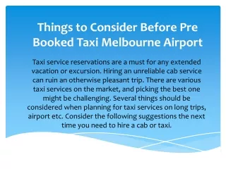 Things to Consider Before Pre Booked Taxi Melbourne Airport