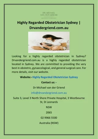 Highly Regarded Obstetrician Sydney | Drvandergriend.com.au