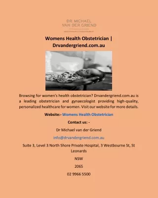 Womens Health Obstetrician | Drvandergriend.com.au