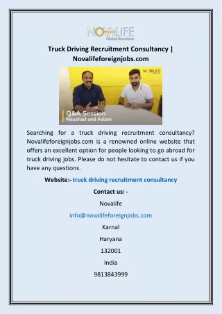 Truck Driving Recruitment Consultancy | Novalifeforeignjobs.com