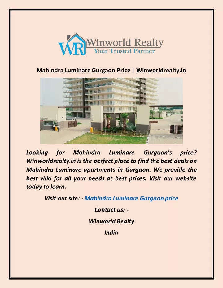 mahindra luminare gurgaon price winworldrealty in