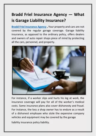 Bradd Friel Insurance Agency — What is Garage Liability Insurance